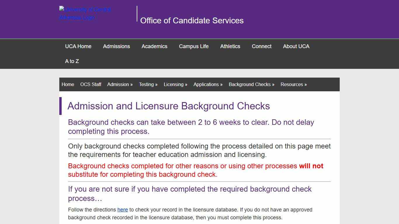 Admission and Licensure Background Checks — Office of Candidate Services